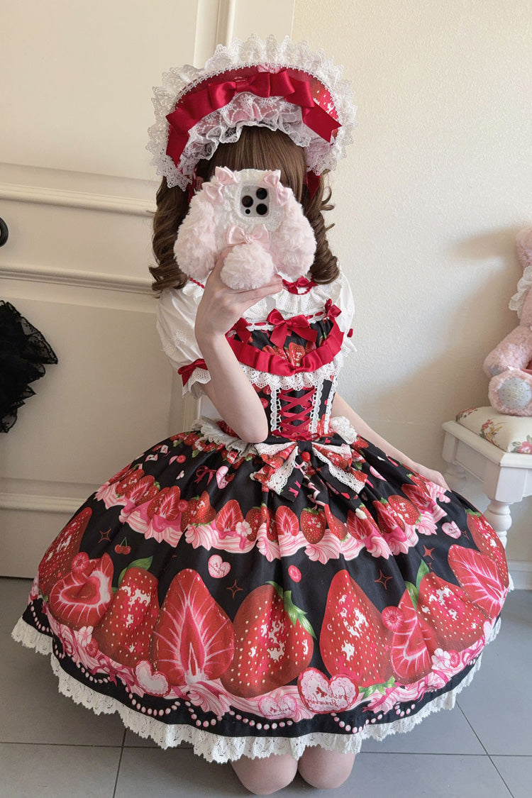 [Süße Beeren Geschichte] Erdbeerprint Rüschen Schleife Spitze Süßes Lolita Jsk Kleid 4 Farben 