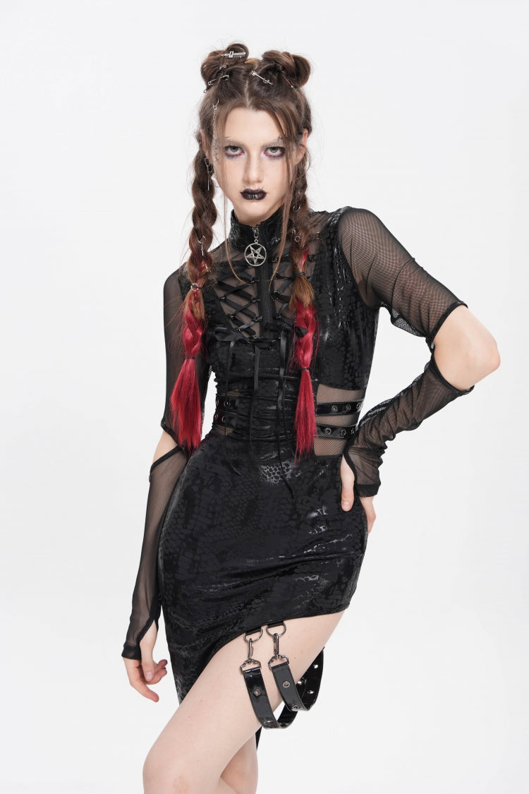 Black Stand Collar Long Sleeves Stitching Lace-Up Mesh Women's Punk Dress with Detachable Strap