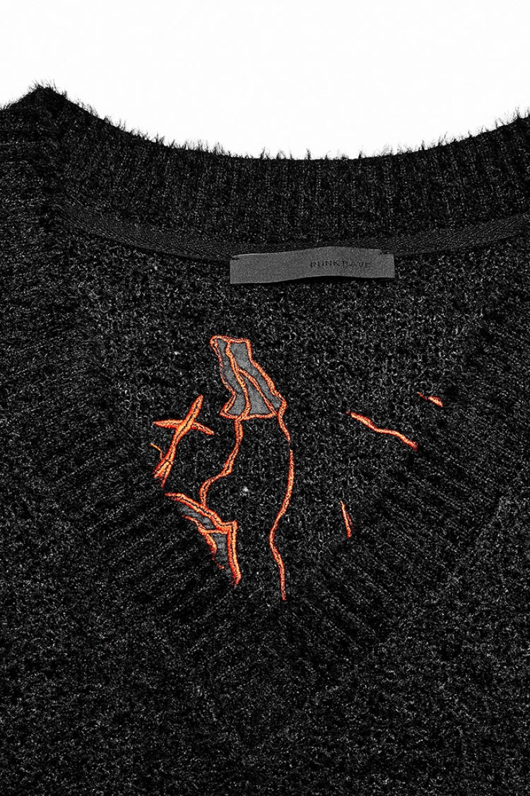 ブラックウールテクスチャVカラー長袖レディースゴシックTシャツ