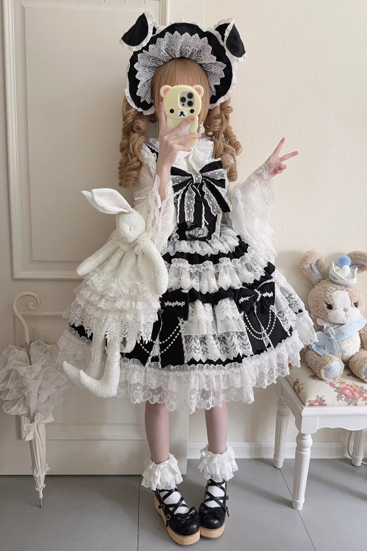 Black [Knot of the Crossed Heart] Sleeveless Multi-Layered Ruffle Hanayome Cardigan Bowknot Lace Lace-Up Sweet Lolita Jsk Dress