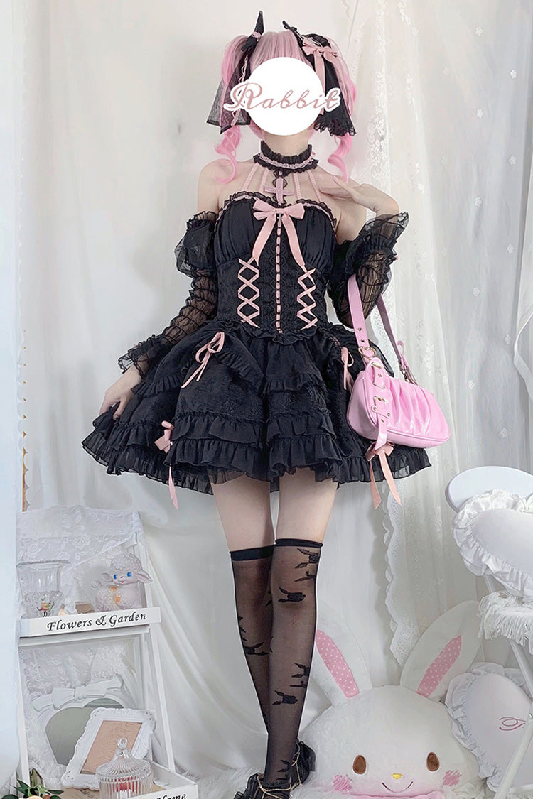 ブラック/ピンク チューブトップ ノースリーブ フリル ボウノット ゴシック ロリータ ジャンパースカート ティアード ドレス 