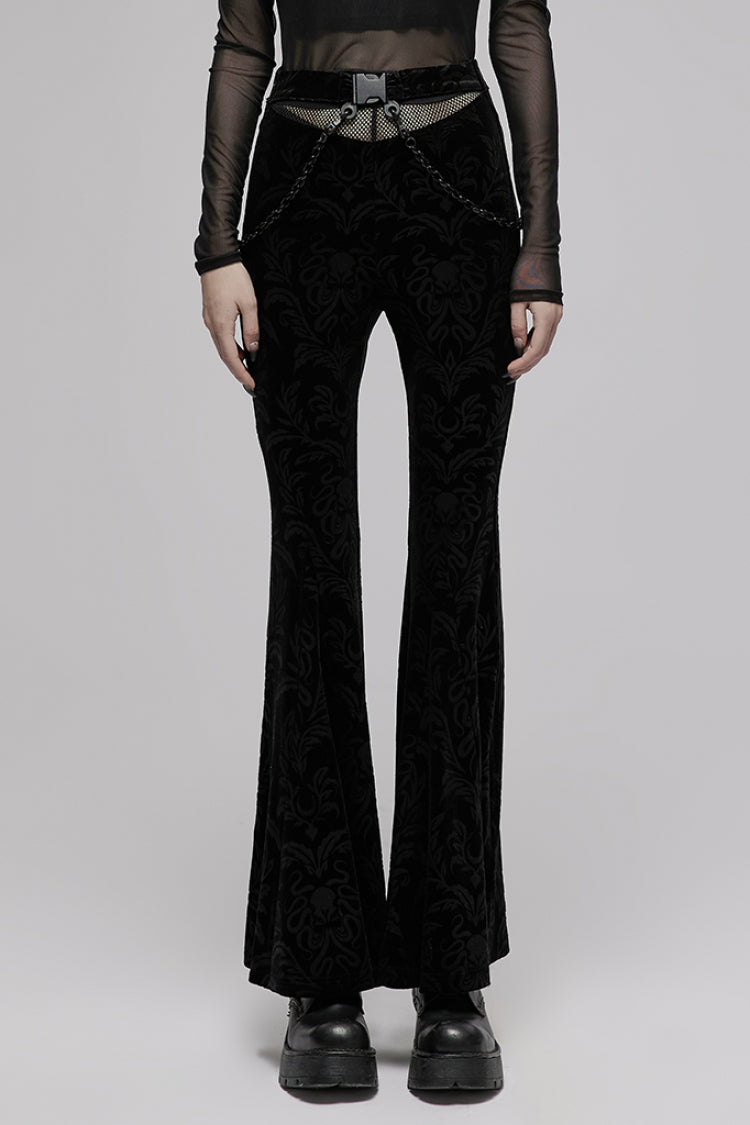 Black High Waisted Mesh Panel Buckle Decorated Velvet Printed Women's Gothic Flared Pants