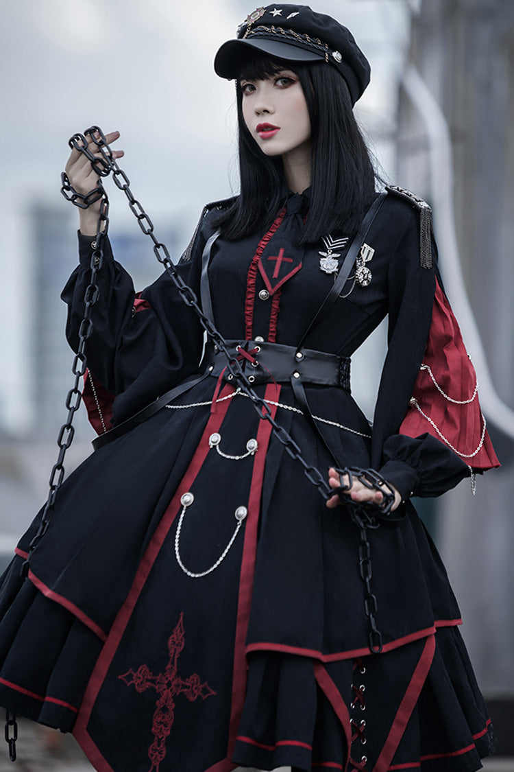 Schwarz/Rot Langärmliges Punisher Militär Unregelmäßiges Gothic Lolita Kleid Komplettset