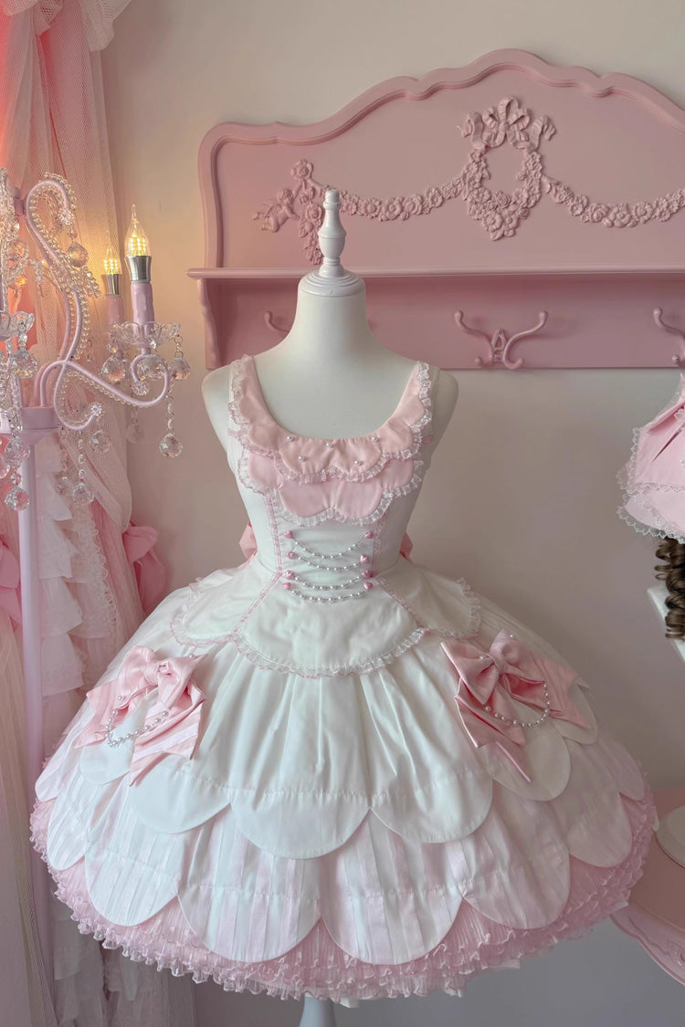White/Pink Sleeveless Multi-Layered Ruffle Bowknot Lace Pearl Sweet Lolita Jsk Dress