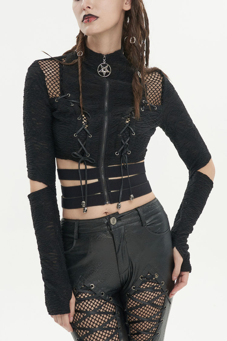 Schwarzes, gerüschtes, langärmliges Gothic-Shirt aus Netzstoff für Damen