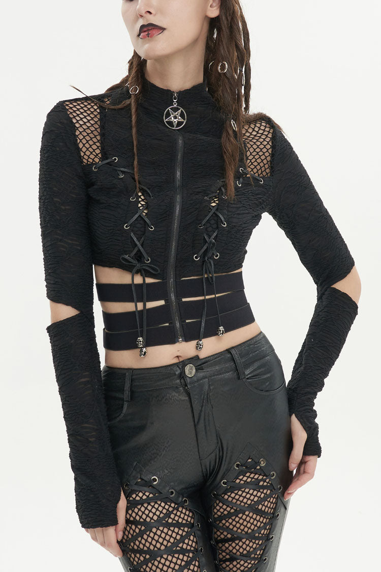 Black Ruched Strap Splice Mesh Long Sleeves Women's Gothic Shirt