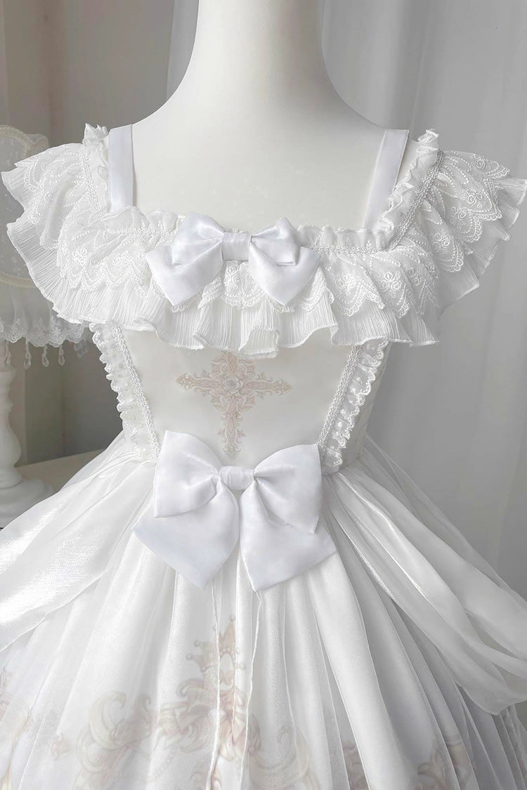 White/Blue [Flower and Letter] Swan Lake Print Ruffle Bowknot Elegant Lolita Jsk Dress