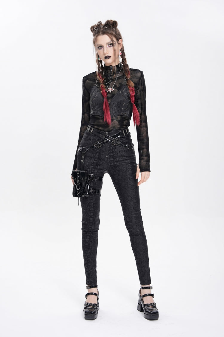 Black Print Buckle Straps Women's Punk Pants with Leg Bag
