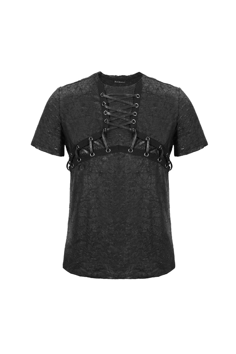 Black Broken Holes Thick Stripes Chest Lace-Up Knit Short Sleeve Men's Punk T-Shirt