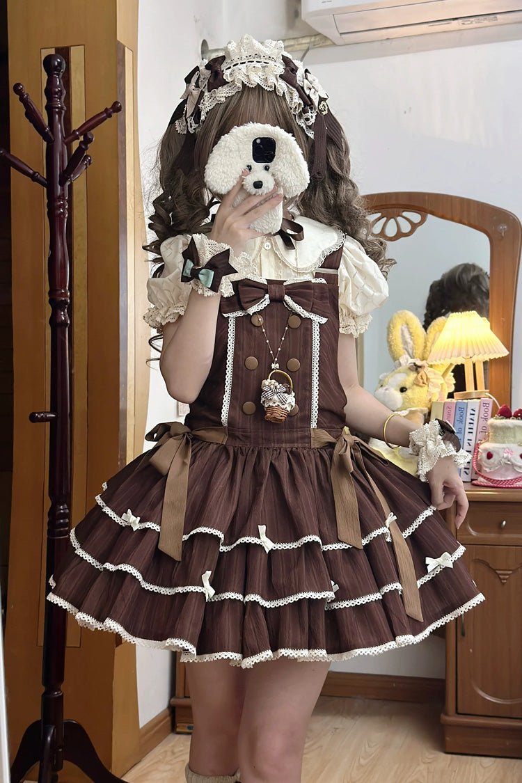 Brown Sleeveless Triple-Layered Printed Ruffled Bow Sweet Lolita Strap Dress