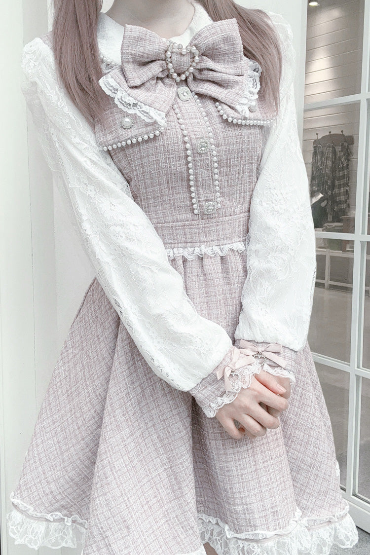Grey/Pink Long Sleeves Bowknot Lace Pearl Sweet Jirai Kei Dress