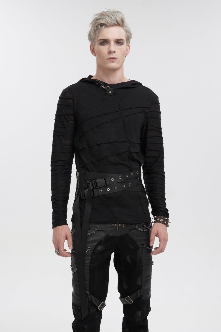 Black Lace-Up Slim Fit Asymmetric Buckled Eyelet Men's Punk Cool Decussate Belt