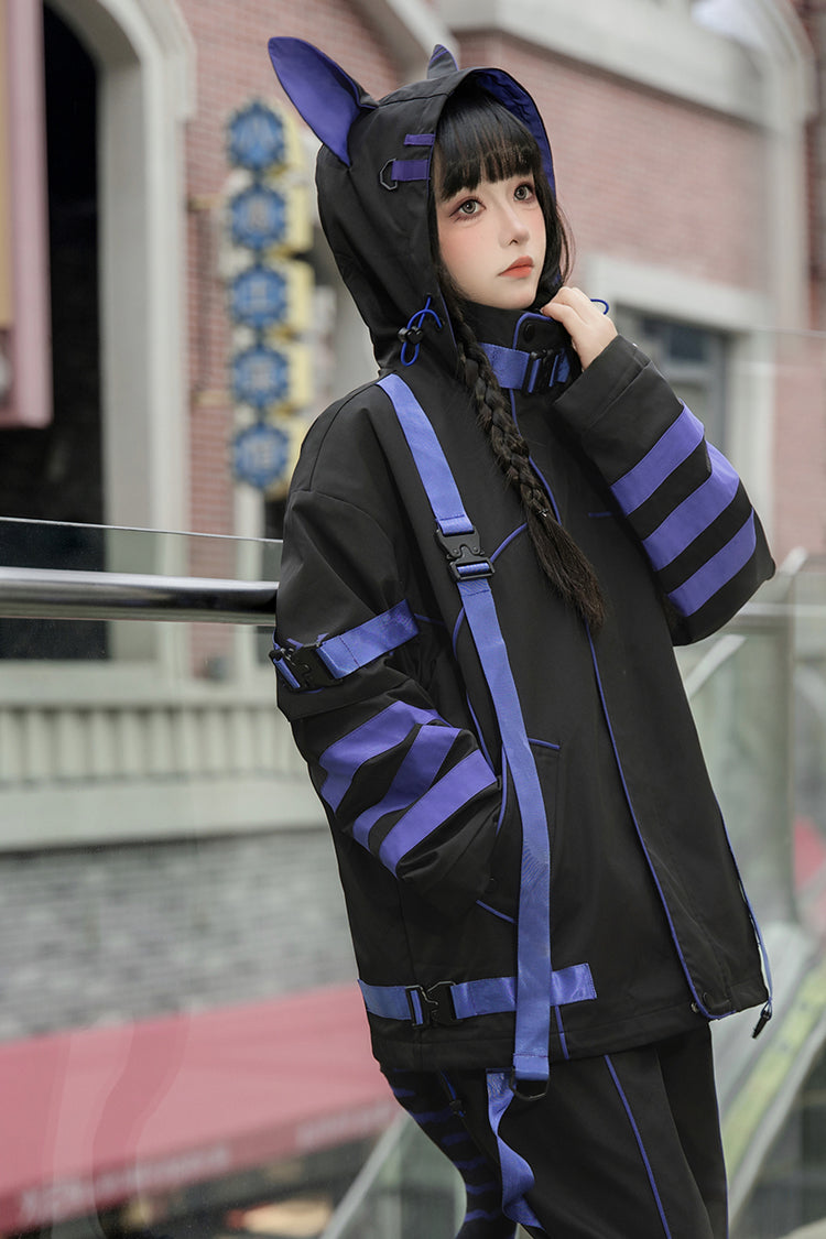 Blue/Black Long Sleeves Print Cat Ears Hooded Jirai Kei Handsome Coat