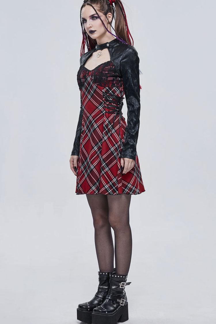 Red Punk Scottish Plaid Knitted FabricWaist Side Strap Design Metal Pentagram Decoration Women's Dress