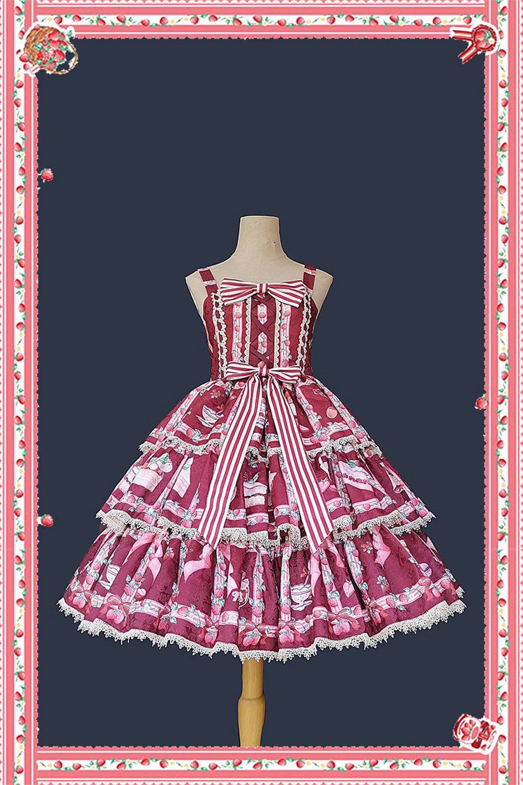 Strawberry Afternoon Tea Cake Ice Cream Print Bowknot Sleeveless Sweet Lolita Tiered Dress 3 Colors
