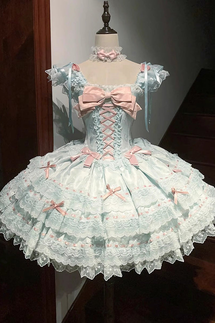 グリーン [フローラアイルバタフライ] ノースリーブ ラッフル ボウノット レース レースアップ スイート エレガント ロリータ Jsk ドレス 