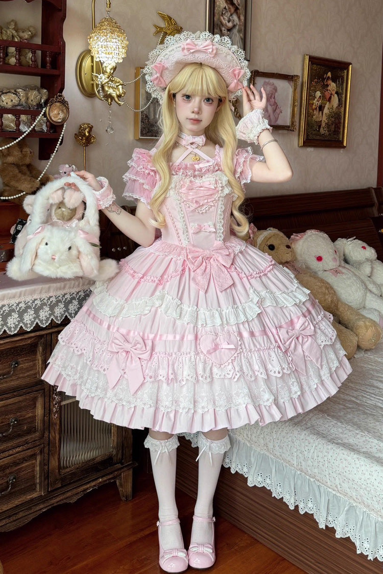 Robe Lolita Jsk élégante et douce en dentelle avec nœud papillon à volants à trois couches sans manches [Super Cute Belia] rose 