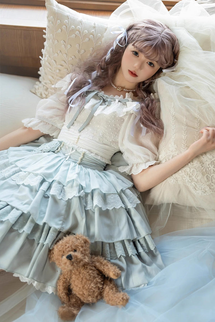 White/Blue Flower Language Multi-layer Ruffle Sweet Lolita Skirt Set