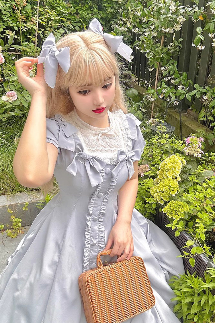 Light Blue Annie's Gift Short Sleeves Bowknot Sweet Lolita Dress (Plus Size Support)