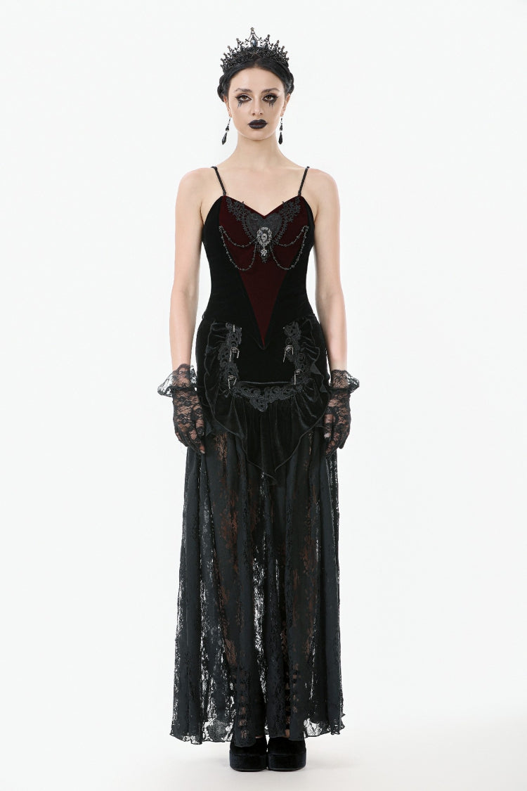 Schwarzer, mehrlagiger, gekräuselter, gespleißter Spitzen-Schnürrock aus Samt für Damen im Gothic-Stil