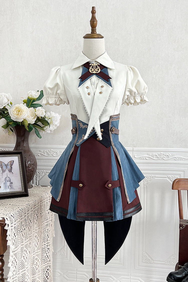[Conducteur de Train de la Ville des Fées] Ensemble Jupe Lolita Punk Élégant à Manches Courtes avec Broderie de l'Académie Britannique 
