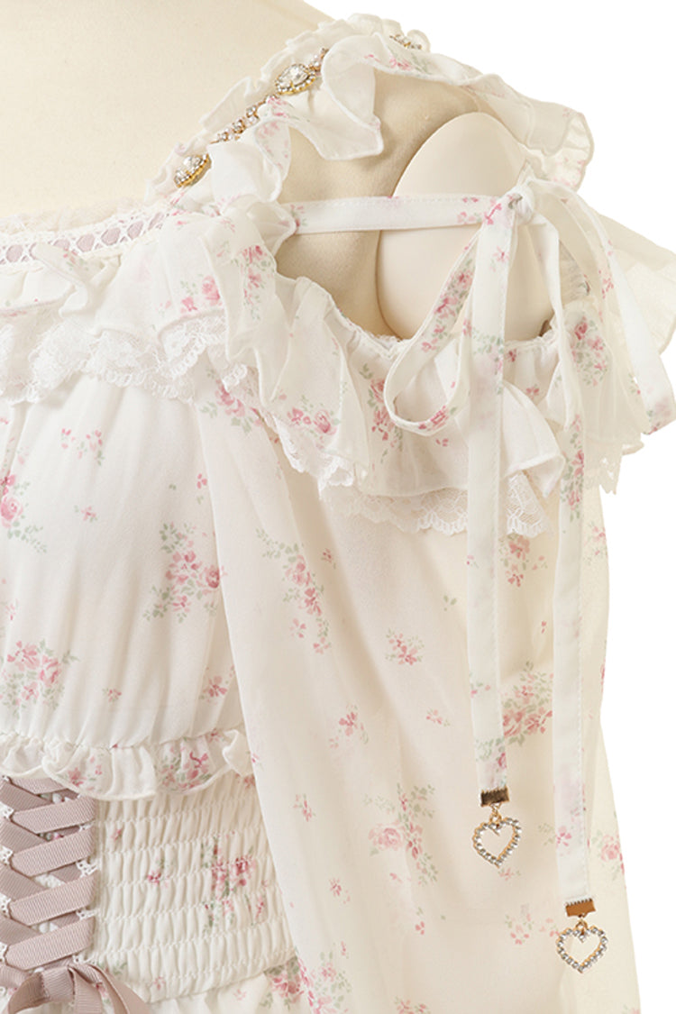 Ivory Off Shoulder Long Sleeves Floral Print Ruffle Bowknot Lace-Up Sweet Jirai Kei Japanese Skirt Set