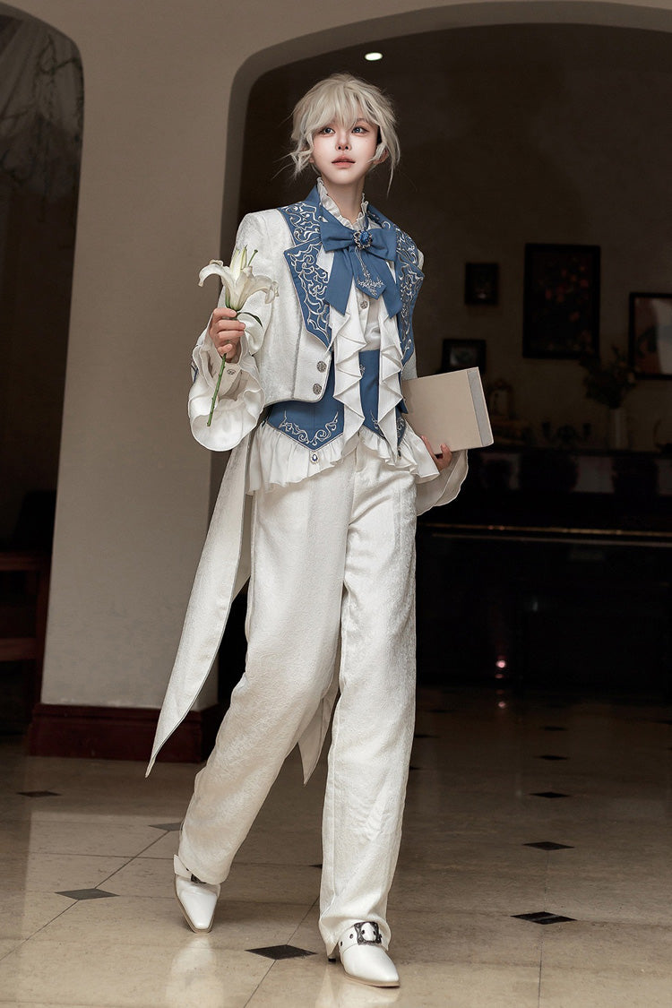 White [Moonlit Paladin Prince] Ruffle Embroidery Bowknot Classic Prince Handsome Ouji Lolita Set