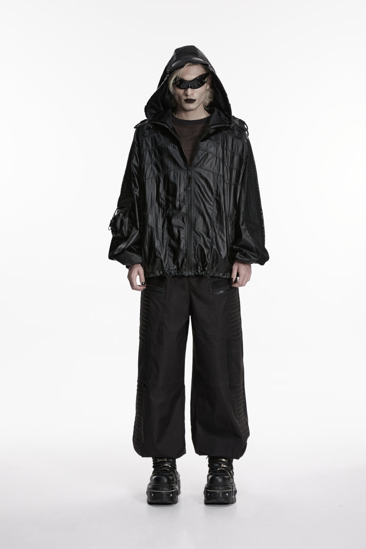 Schwarze Herren-Punk-Cool-Jacke mit Reverskragen, langen Laternenärmeln, Schnürung, Kapuze, Netzstoff und Reißverschluss
