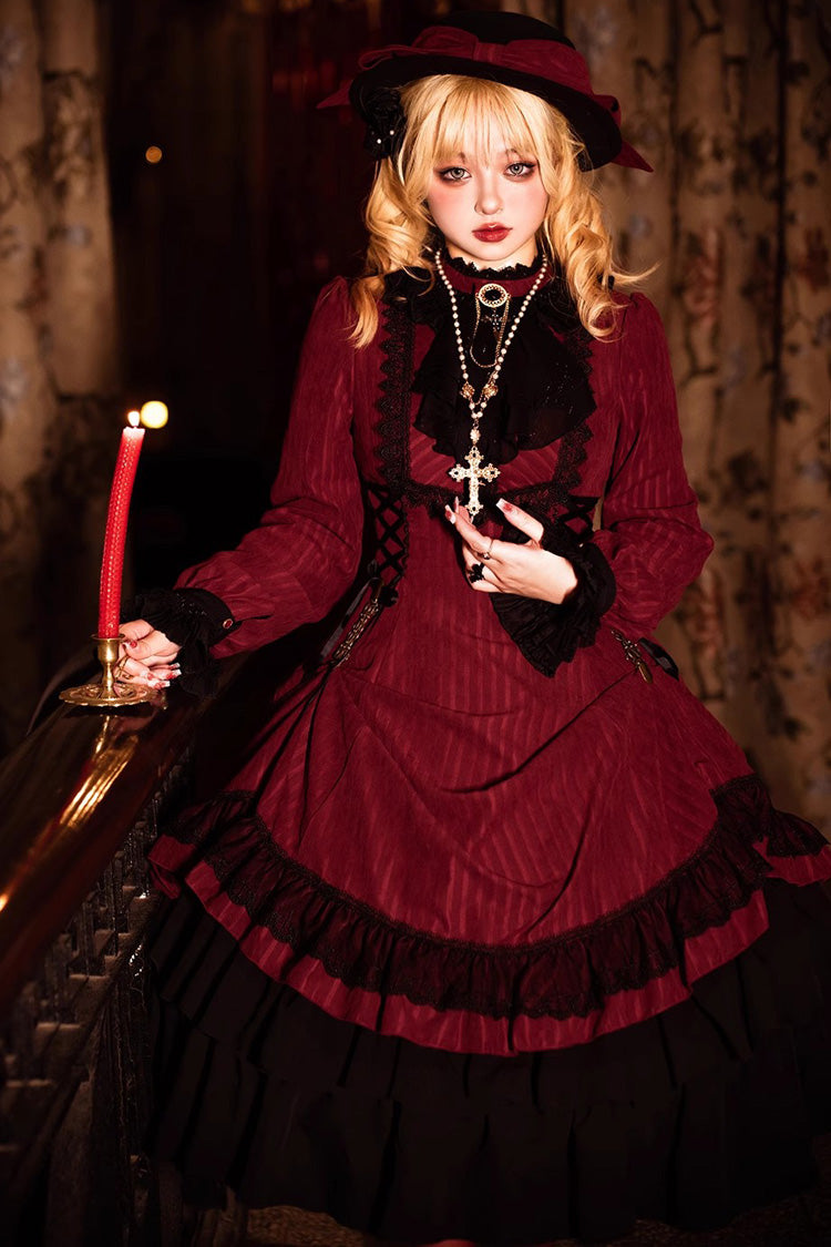 Point Manor Solid Color Stand Collar Long Sleeves Multi-layer Ruffle Gothic Lolita Dress 5 Colors