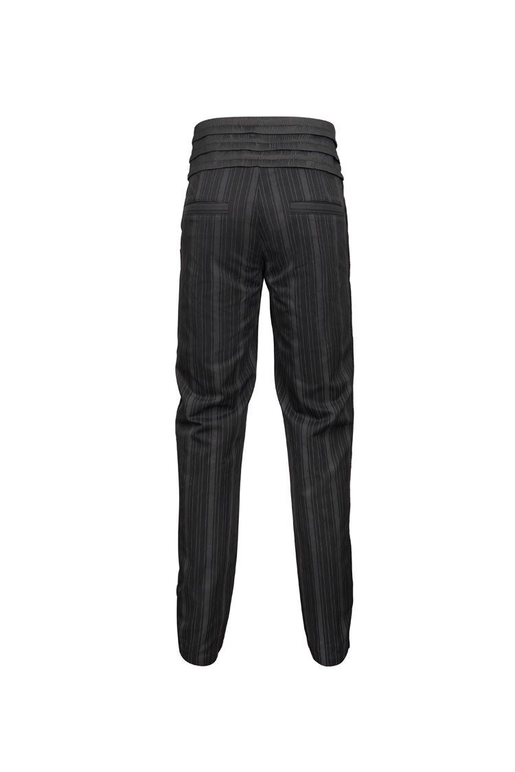 Black Retro Mid High Waist Micro Elastic Striped Woven Stitching Three Dimensional Jacquard Men's Gothic Trousers