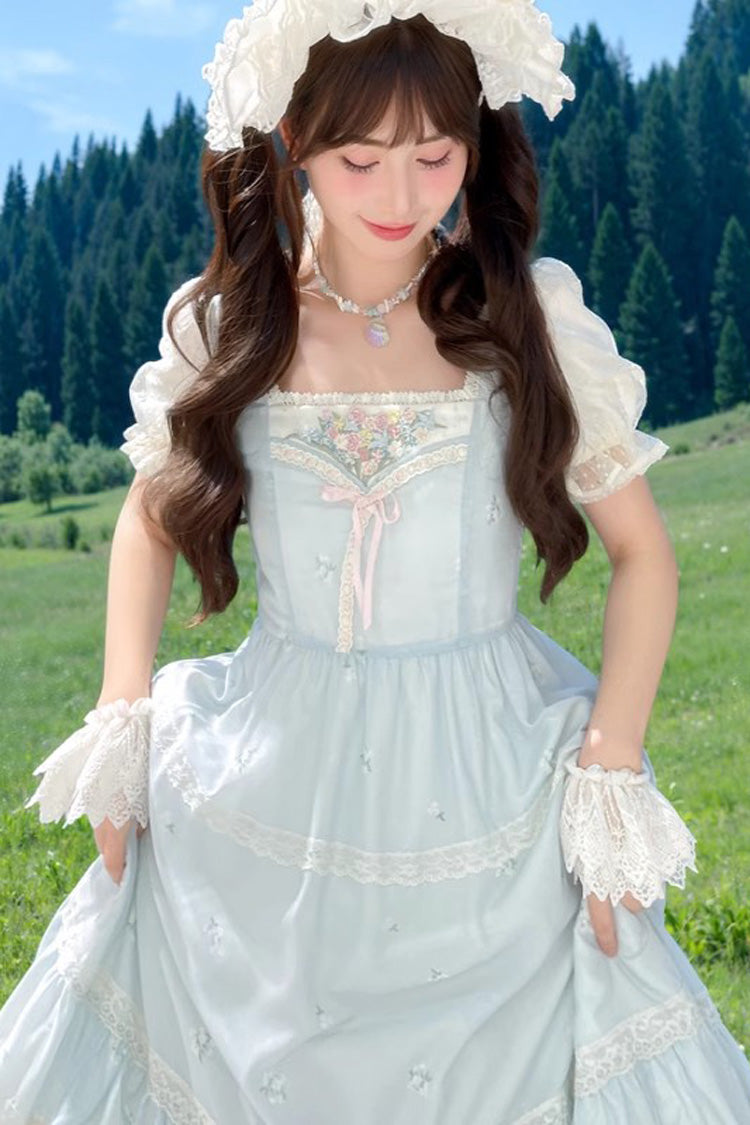 Blue Short Sleeves Embroidery Bowknot Lace Sweet Princess Lolita Dress