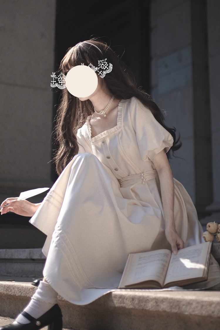 Apricot [Random Thoughts] Square Collar Short Sleeves Ruffle Classic Vintage Elegant Lolita Dress