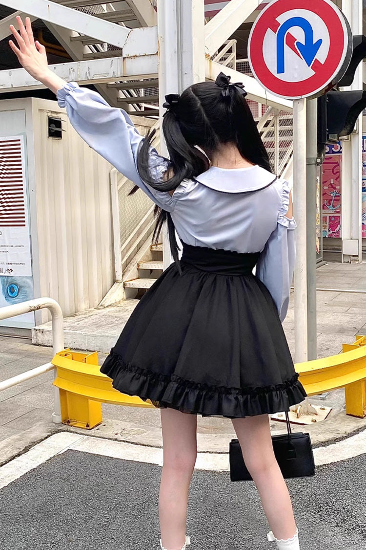 Black/Blue Off Shoulder Long Sleeves Ruffle Bowknot Sweet Jirai Kei Japanese Set