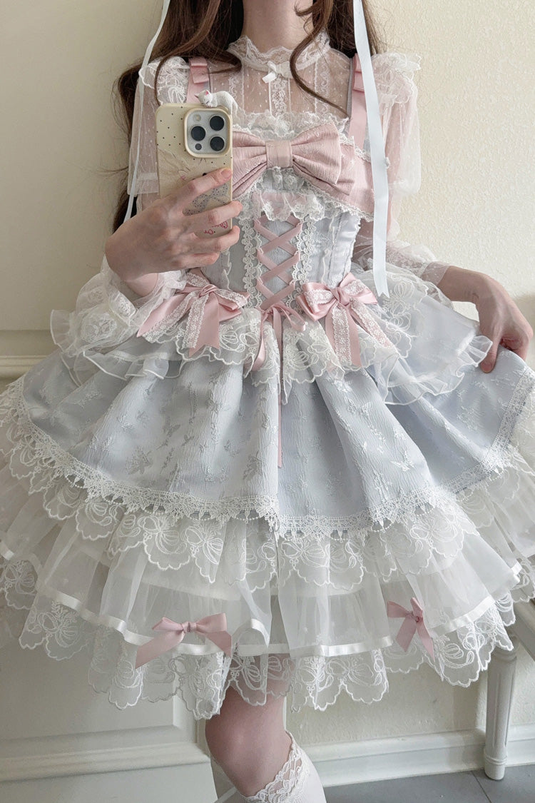 Robe Jsk Lolita Ballet Douce Slim en Dentelle à Nœud à Volants Sans Manches [Île Fleishi Bleue] 