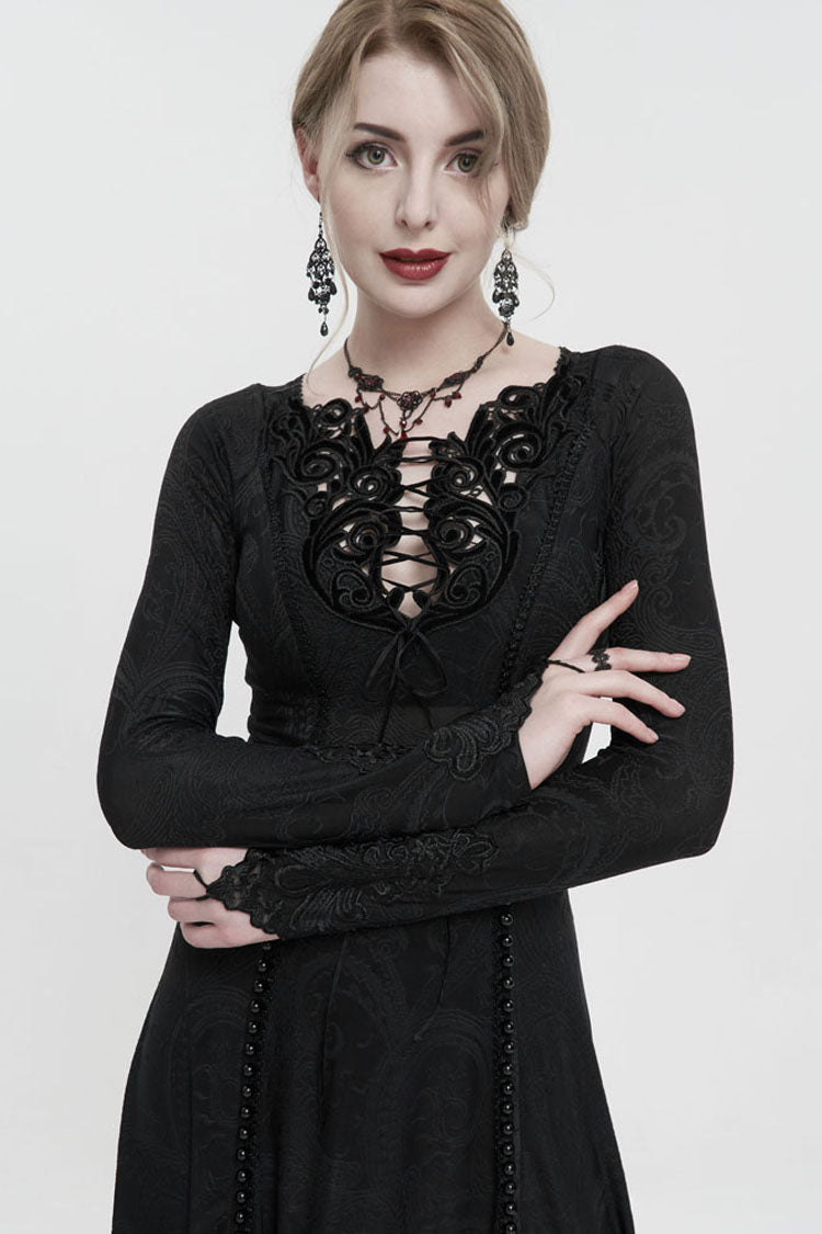 Black Long Sleeve Long Knitting Symmetrical Applique And String at The Chest Women's Gothic Dress