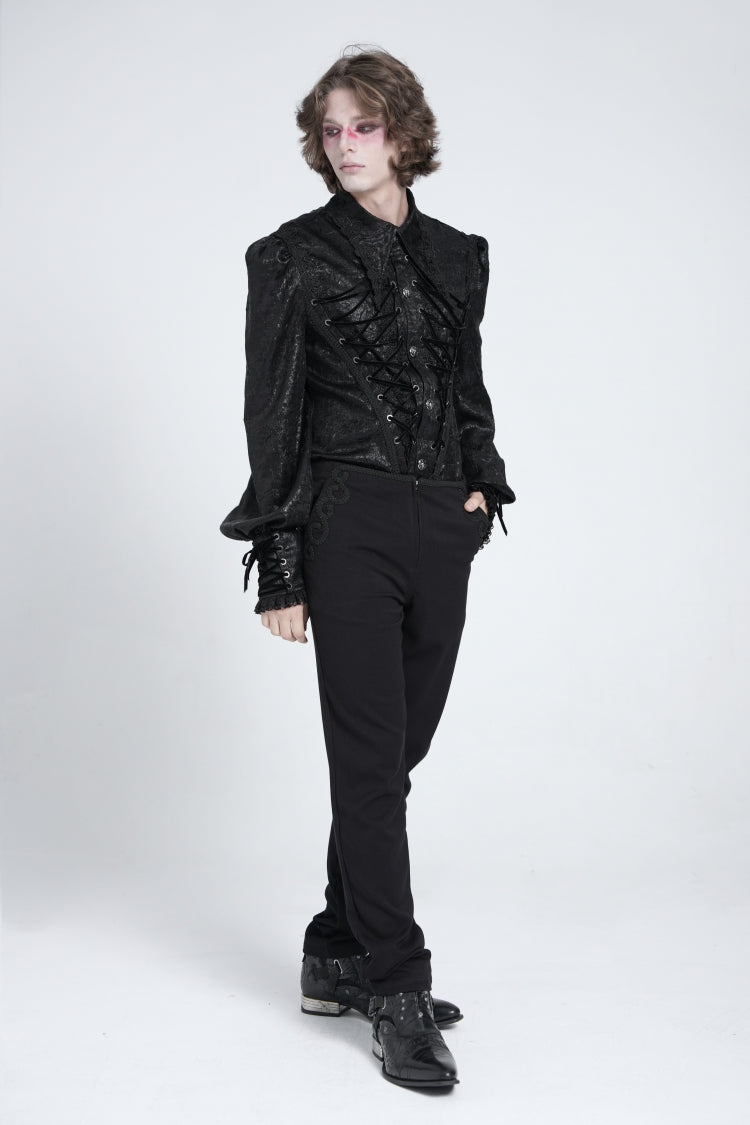 Schwarze lange Puffärmel Jacquard-Spitzen Herren Gothic Bluse 