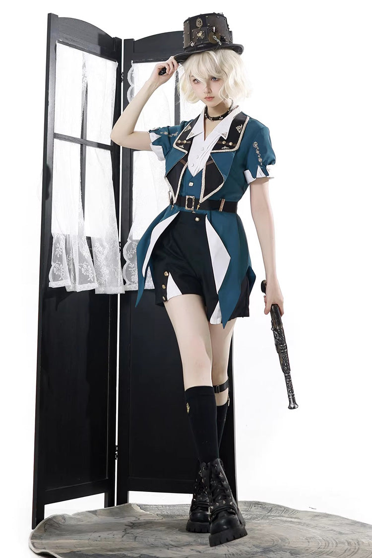 Noir/Vert [Librairie Anlexia] Col Carré Manches Courtes Brodé Clouté Style Collège Gothique Prince Beau Ouji Lolita Ensemble