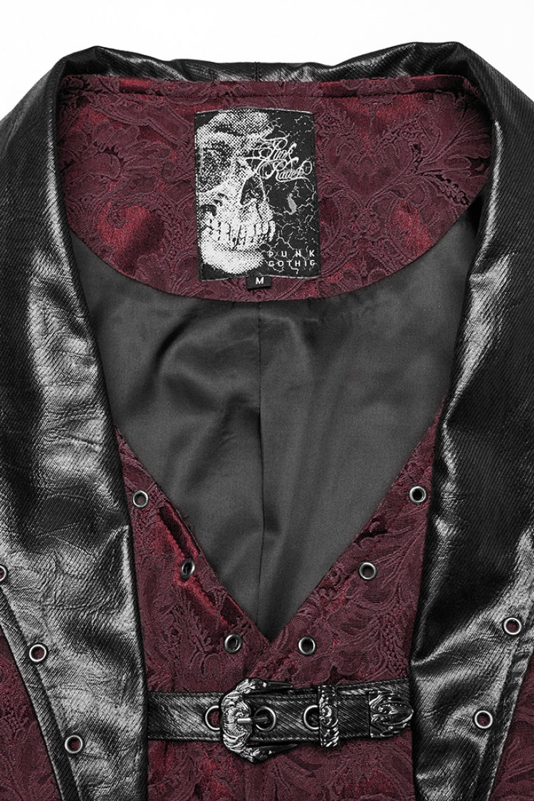 Black/Red Lapel V-neck Sleeveless Jacquard Buckle Men's Gothic Vest