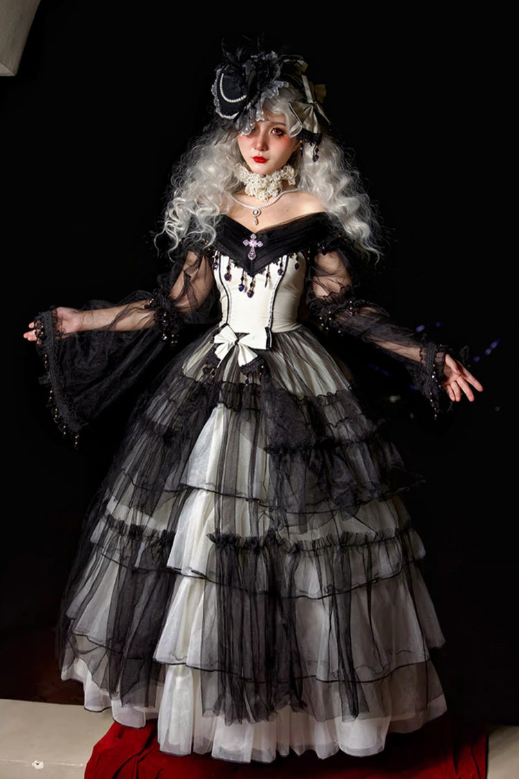 Schwarz/weißes Hanayome-Spitzenkleid mit Rüschen und Schnürung, Gothic-Übergröße, Lolita-JSK (lange Version)