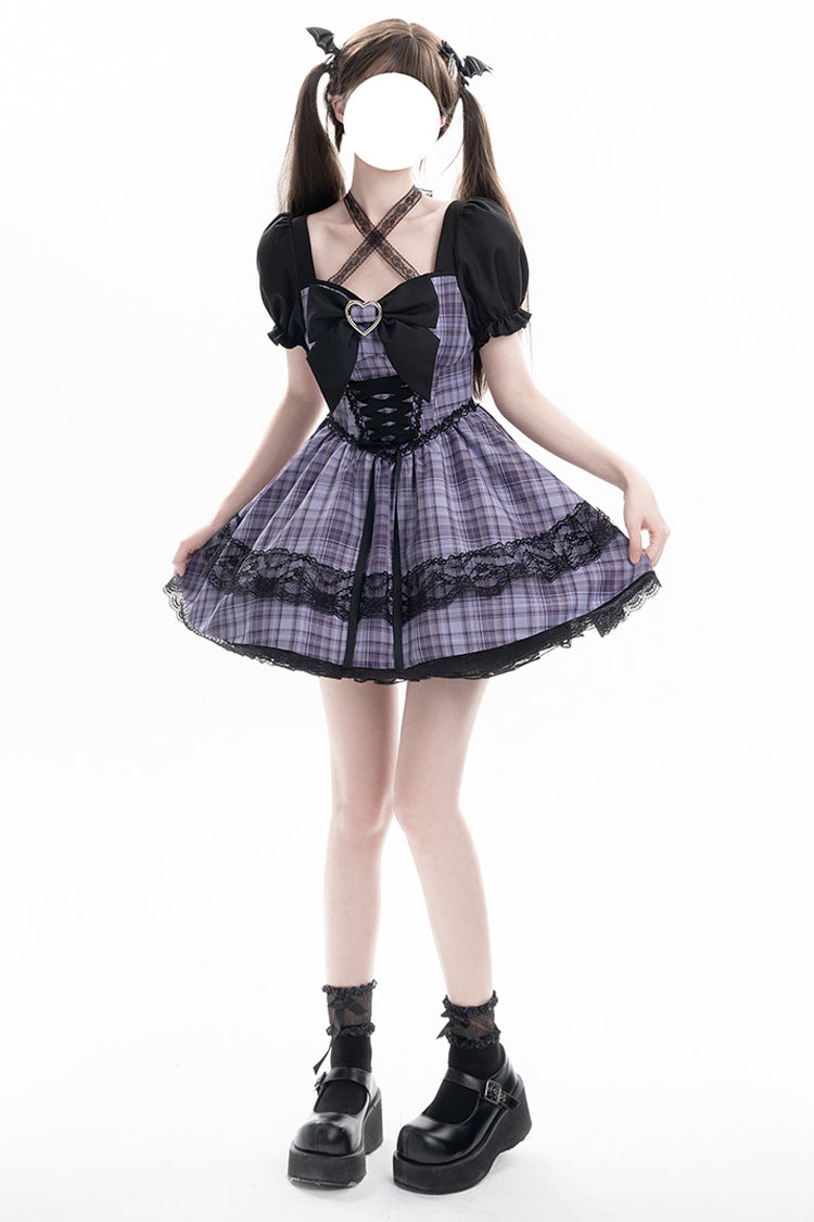 Purple [Witch Time] Short Puff Sleeves Plaid Print Bowknot Lace Sweet Lolita Dress
