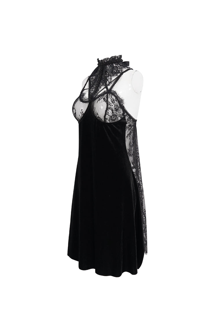 Black Turtleneck Perspective Lace Slit Velvet Sexy Women's Gothic Dresses
