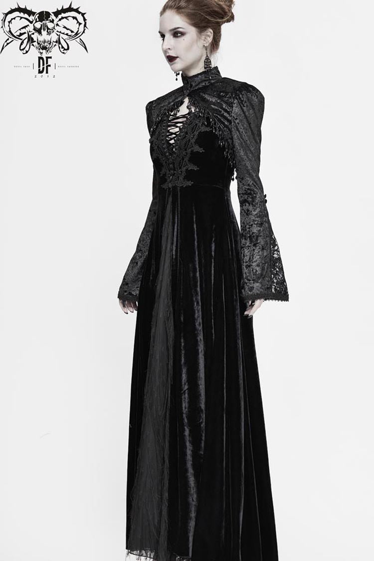 Schwarzer Spitzensamt-Blasen-Trompetenärmel-Gothic-Schal für Damen