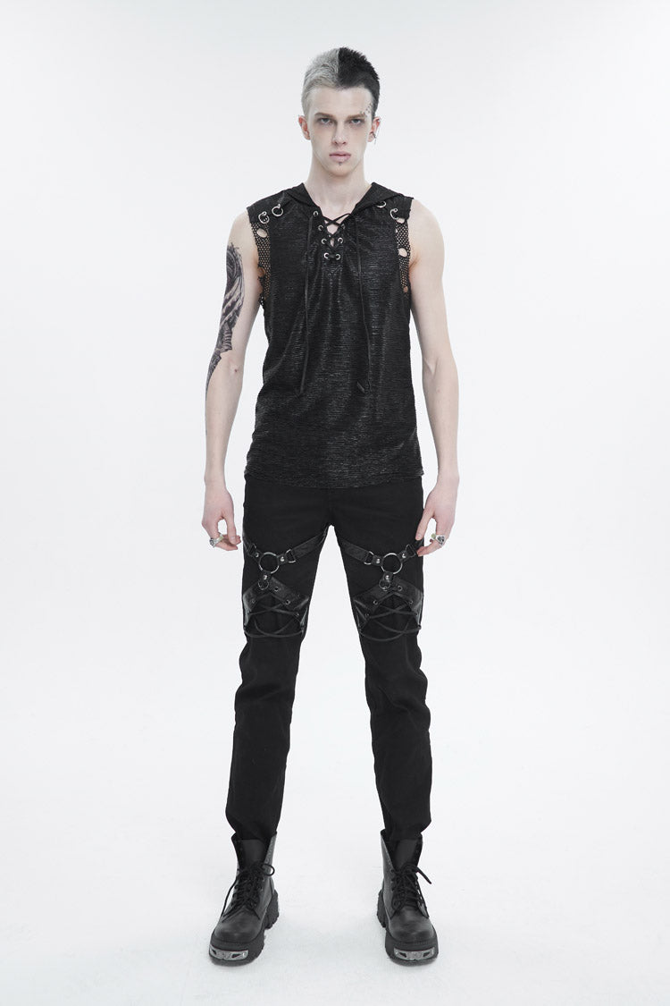 Black Strappy Mesh Splice Men's Punk Vest With Hood