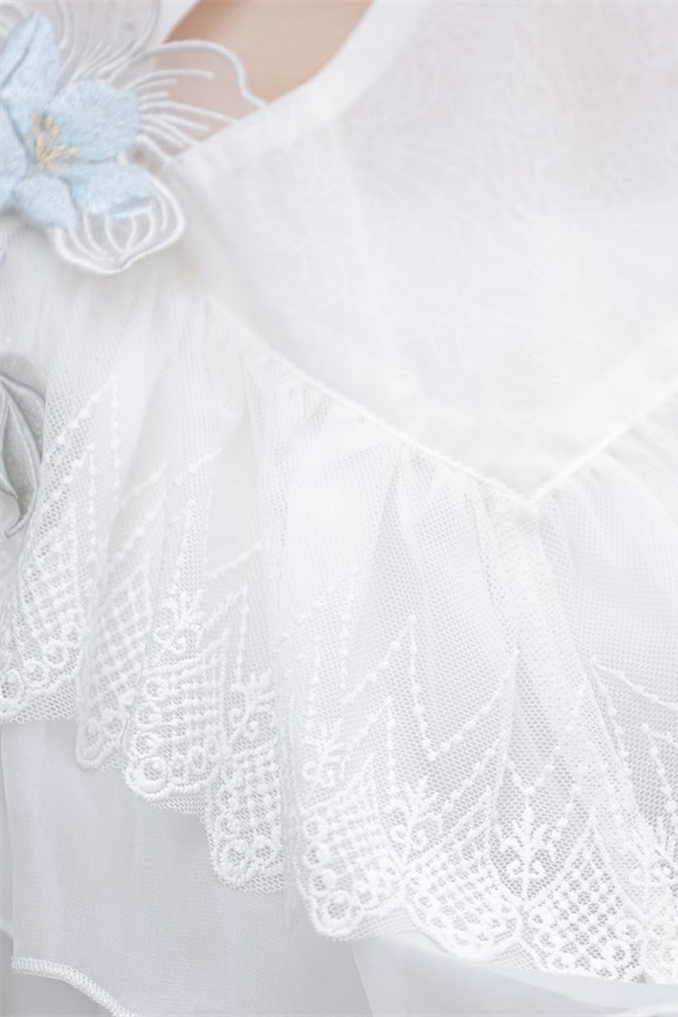 Blanc [Message Hydrangea] Manches courtes Imprimé Volant Dentelle Doux Style chinois Élégant Robe courte Lolita 