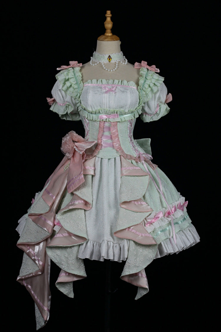 [Spring Overture] Square Collar Short Sleeves Ruffle Cardigan Bowknot Lace Sweet Elegant Lolita Skirt Set 4 Colors