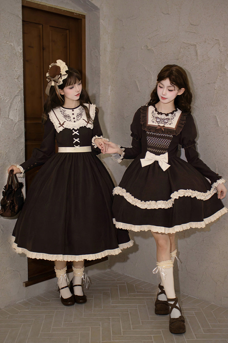 Brown [Miss Brown] Long Sleeves Ruffle Bouquet Embroidery Sweet Lolita Dress (Long Version)