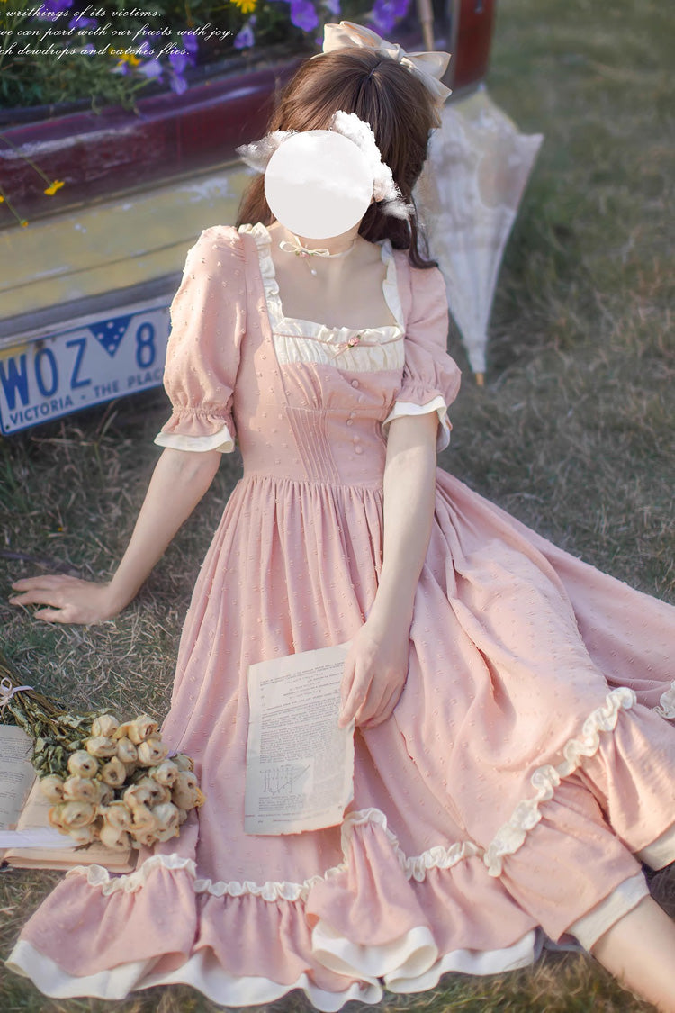 Pink Square Collar Short Puff Sleeves Ruffle Embroidery Sweet Elegant Lolita Dress