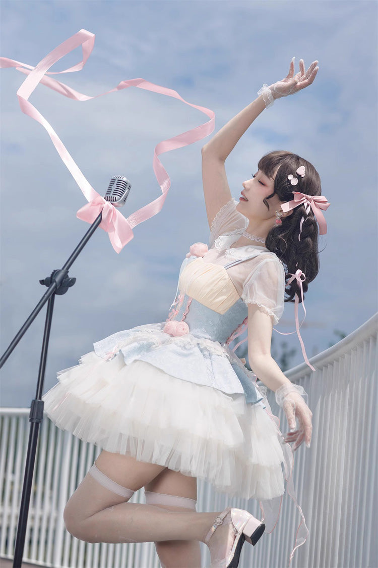Blue/Pink Rose Peach Wine Sleeveless Multi-layer Ballet Style Sweet Lolita Jsk Dress