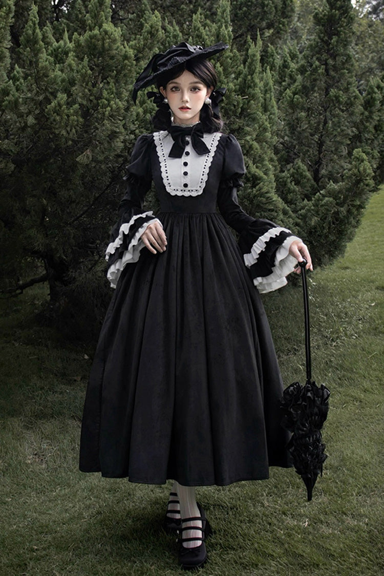 Schwarzes [Schlaflose Nacht] Gothic Lolita Kleid mit langen Hime-Ärmeln und Rüschen