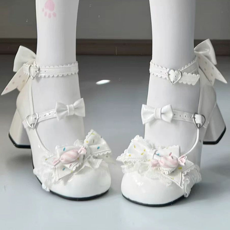 Bowknot Frills Lace-Up Sweet Lolita Chaussures à talons hauts 3 couleurs